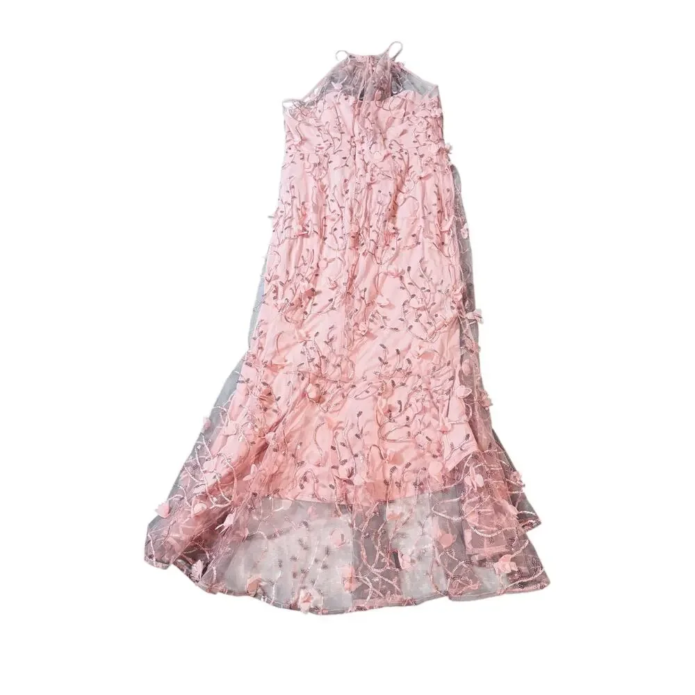 NWT Dessy SHEER HALTER NECK 3D FLORAL EMBROIDERED DRESS HIGH-LOW HEM Pink SZ 12 - Picture 5 of 12